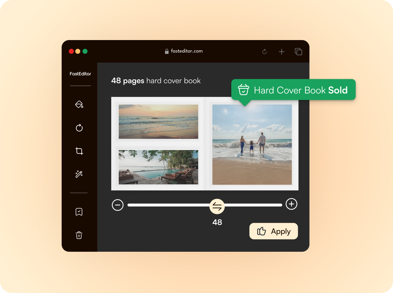 Photo book editor interface showing a 48-page hard cover book with beach and family photos and a 'Hard Cover Book Sold' notification.
