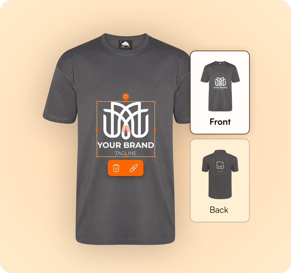 Dark gray T-shirt with a white stylized logo and the text 'YOUR BRAND TAGLINE' on the front, shown with editing controls; inset images show front and back views with the option to add a logo on the back.