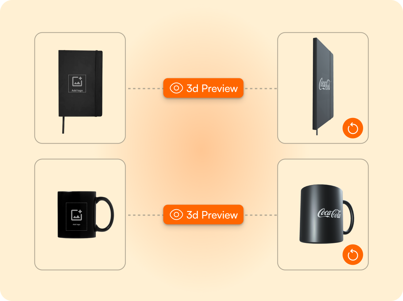 Two black promotional items, a notebook and a mug, shown in flat and 3D preview with Coca-Cola logos on the 3D views.