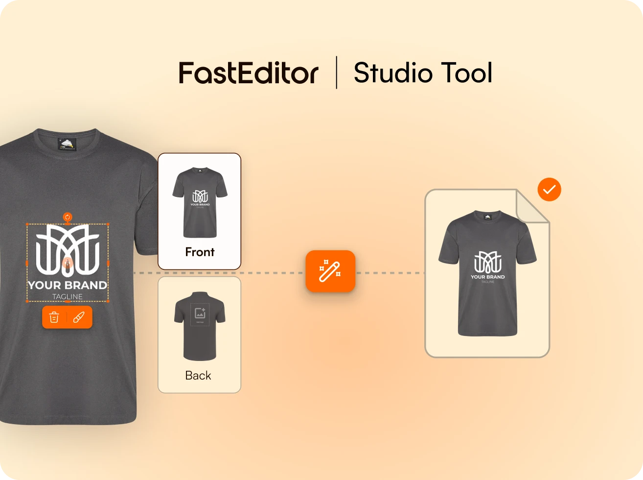 FastEditor Studio Tool interface showing customization of a gray t-shirt design with a white logo and tagline on the front, with options to edit or delete the design.