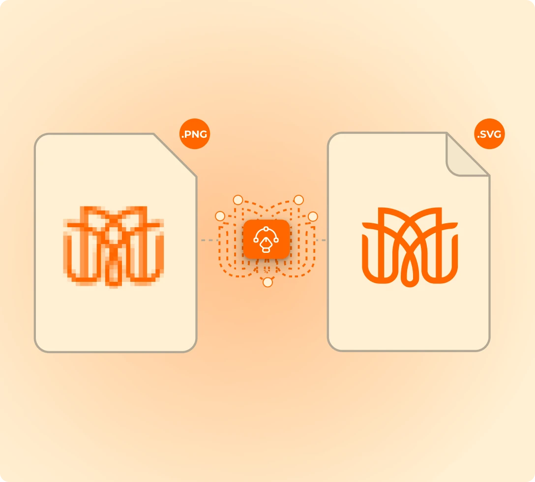 Illustration showing conversion of a pixelated PNG logo on the left to a smooth SVG logo on the right, with a vector editing icon between them.