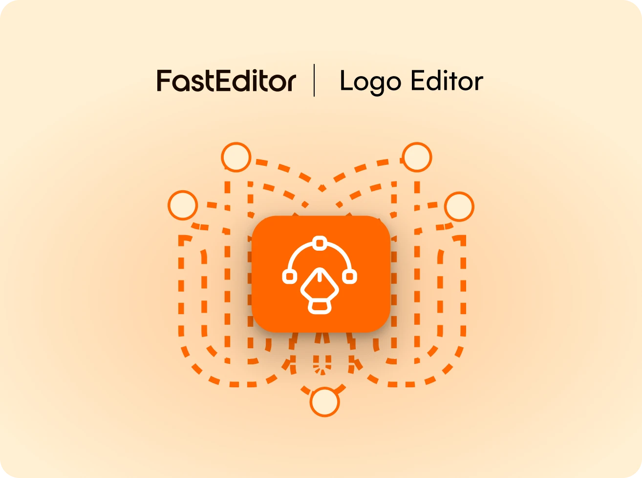 Orange icon with vector editing nodes and pen tool symbol under text saying FastEditor | Logo Editor.