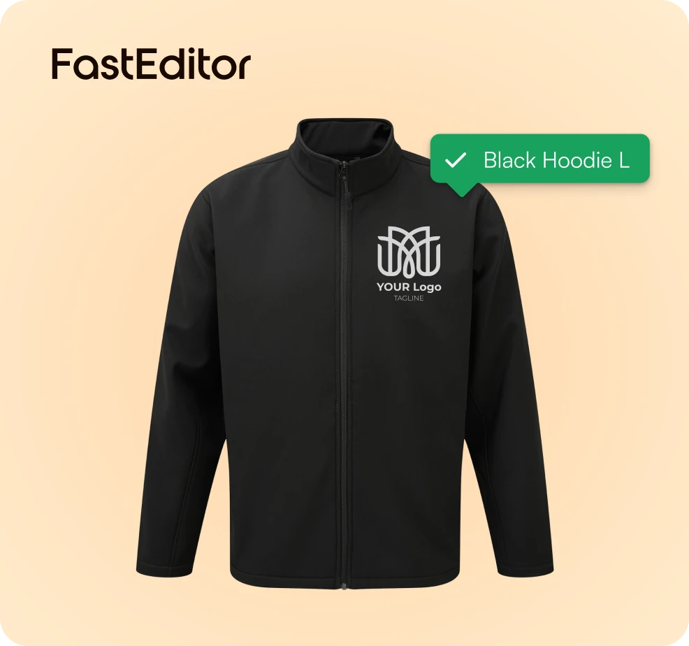Black zip-up jacket with a white abstract logo and text 'YOUR Logo TAGLINE' on the left chest.
