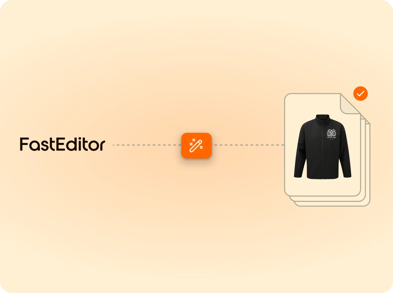 FastEditor logo connected with an editing icon and an image of a black jacket with a logo on the chest, symbolizing quick design editing.