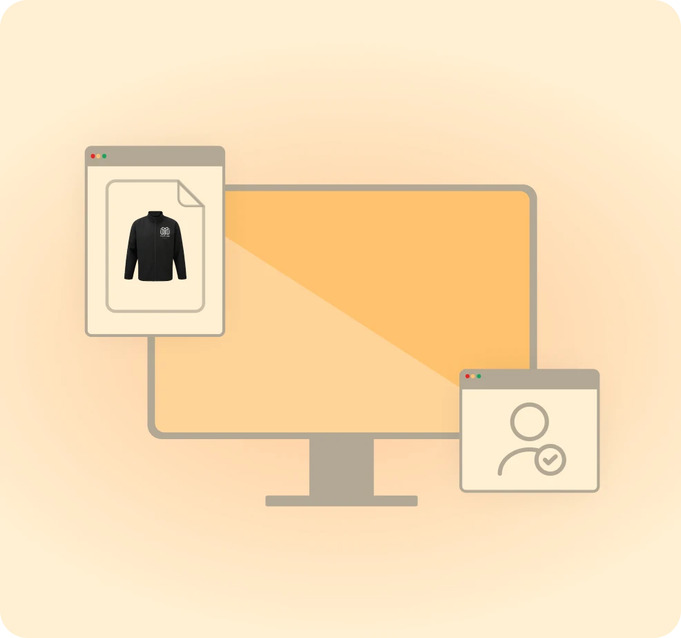 Illustration of a computer monitor with two overlapping windows, one displaying a black jacket and the other a user profile icon with a check mark.