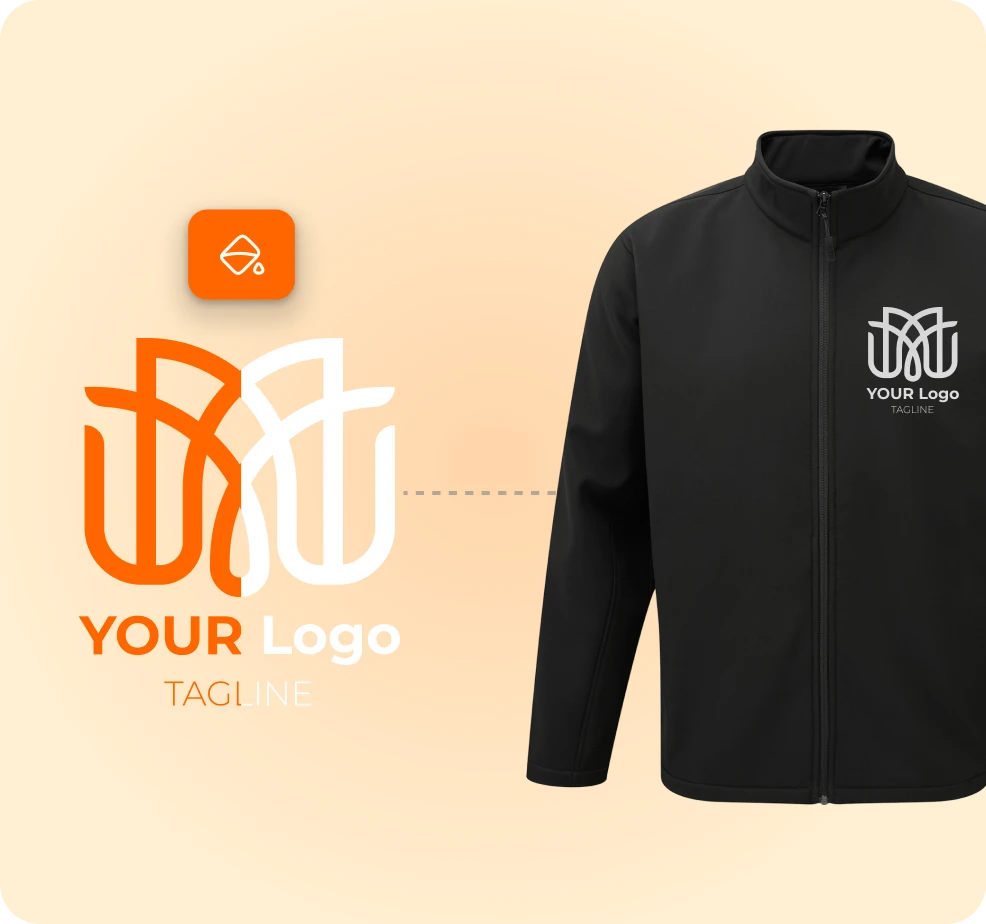 Black jacket displaying a white and orange abstract logo with the text 'YOUR Logo TAGLINE' on the chest.