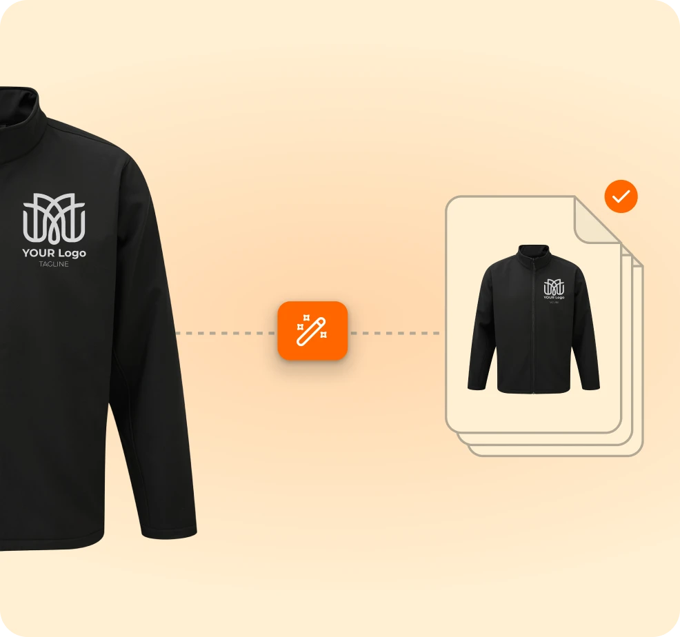Black jacket with a custom logo on the left chest connected to a digital editing icon and a stack of edited jacket images with a checkmark.