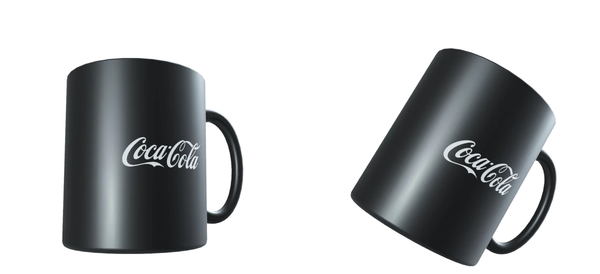 Two black Coca-Cola mugs shown from different angles with white logo.