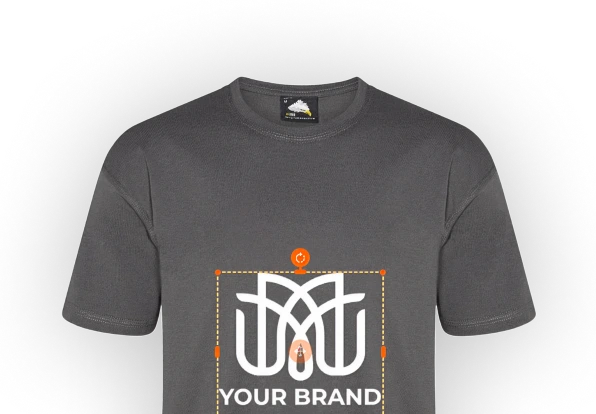 Dark gray t-shirt featuring a white geometric logo with text 'YOUR BRAND' underneath.