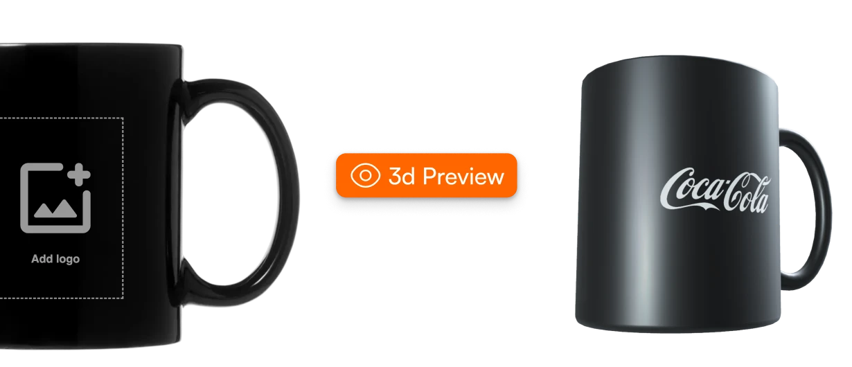 Black mug with a placeholder for adding a logo on the left and a black mug with the white Coca-Cola logo on the right.