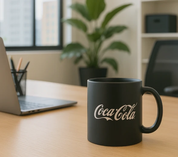 Black Coca-Cola branded mug on a wooden office desk with a blurred laptop and plant in the background.
