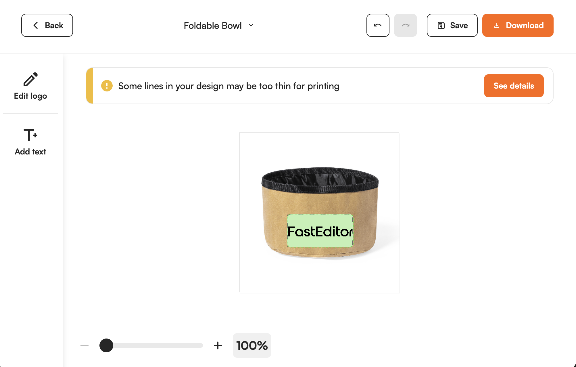Supplier product shown in the FastEditor editor