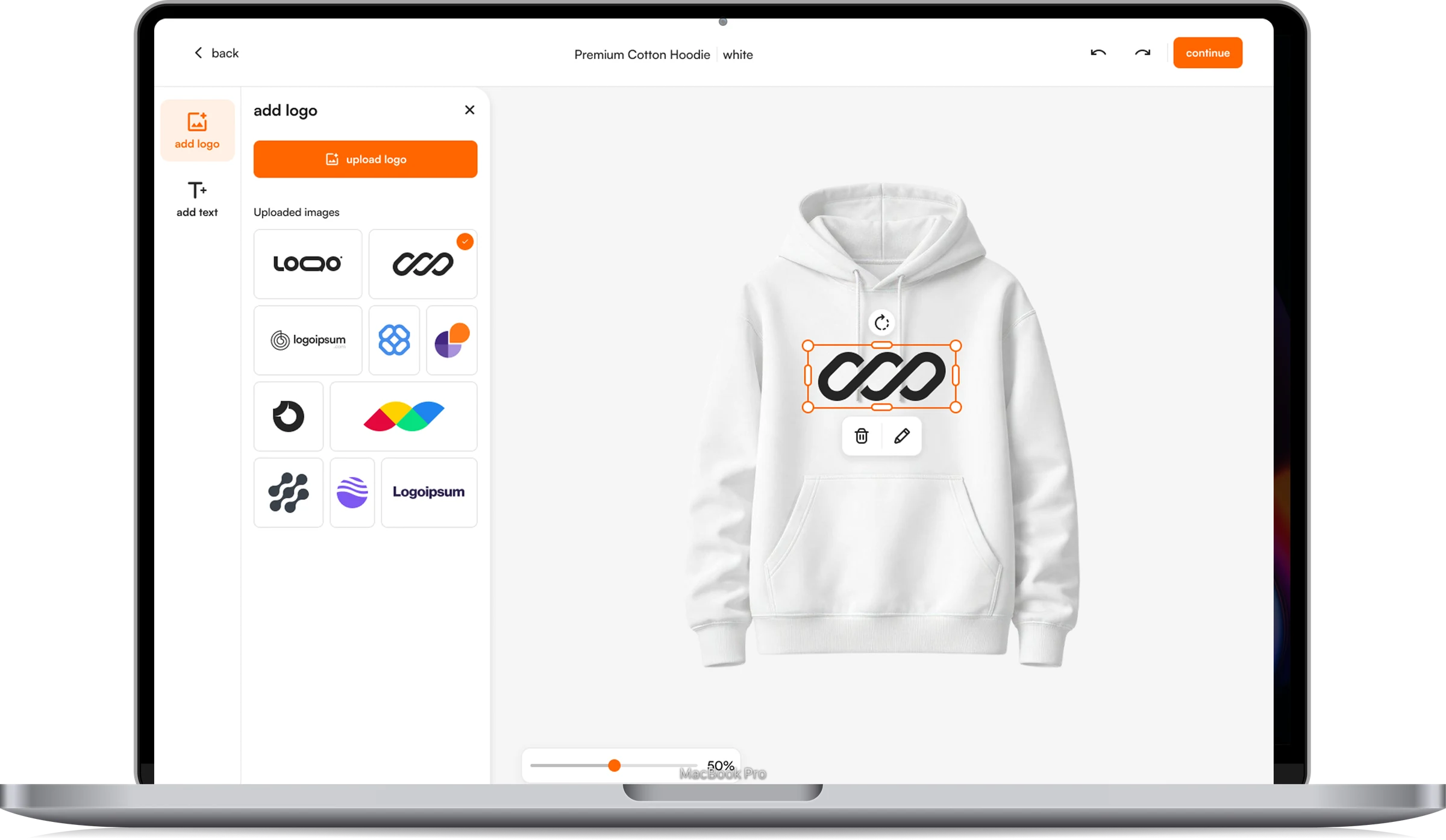 The FastEditor editor placing a customer logo on a white hoodie, shown in a laptop browser
