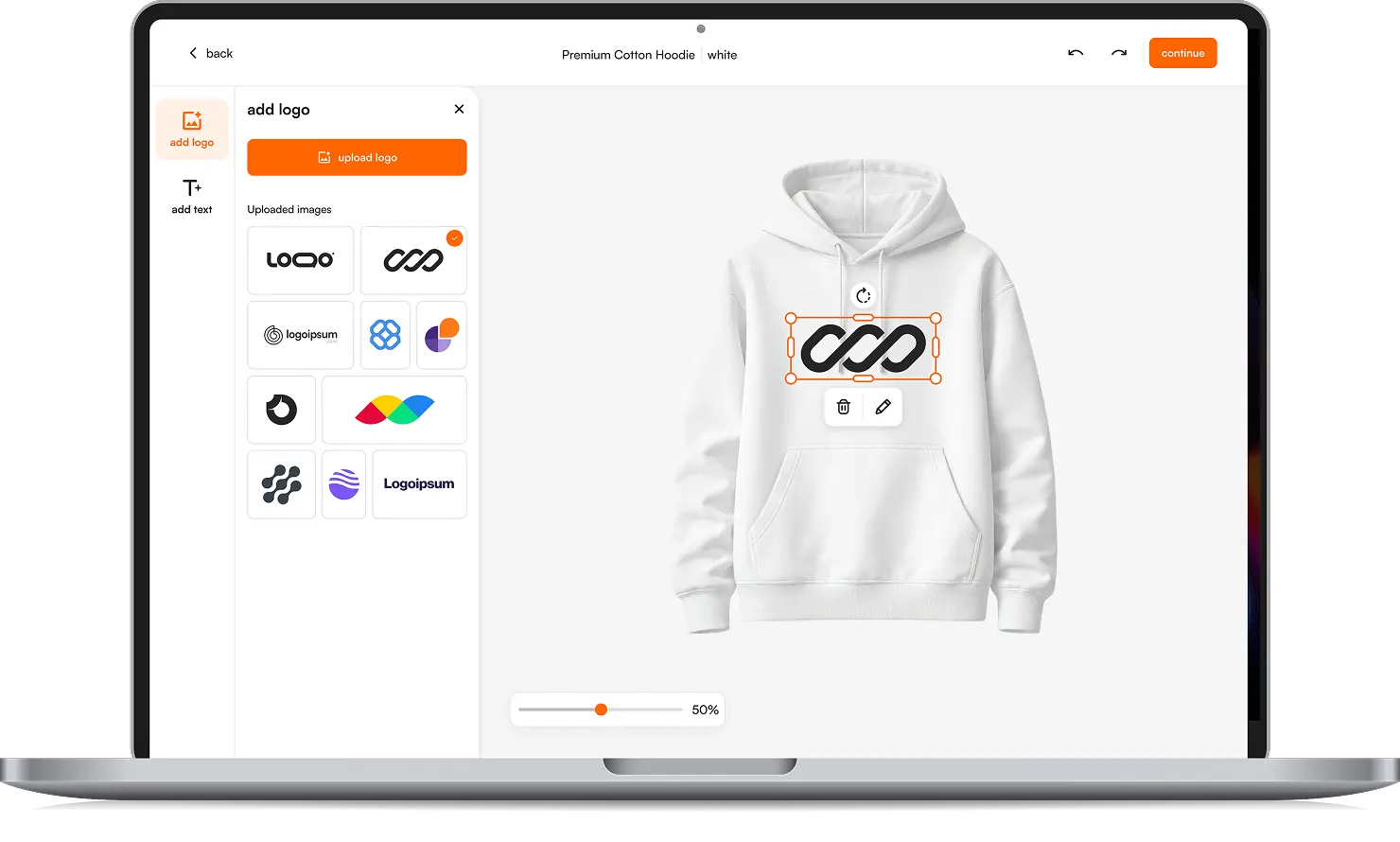 The FastEditor editor placing a customer logo on a white hoodie, shown in a laptop browser