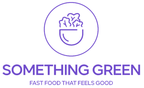 Logo of a bowl with leafy greens inside, with the text 'SOMETHING GREEN' and the tagline 'FAST FOOD THAT FEELS GOOD' beneath it in purple.