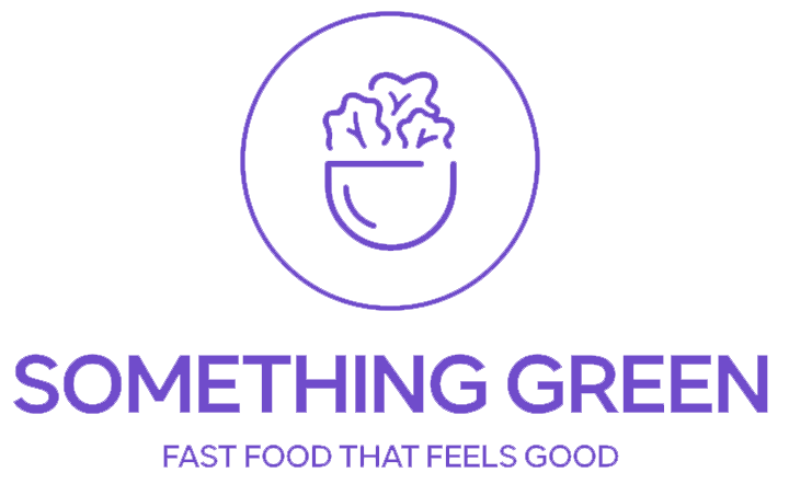 Logo of a bowl with leafy greens inside, with the text 'SOMETHING GREEN' and the tagline 'FAST FOOD THAT FEELS GOOD' beneath it in purple.