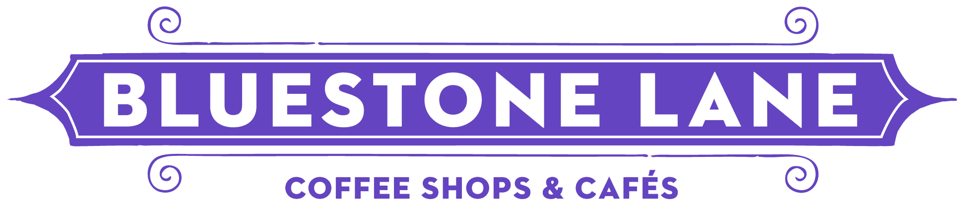 Bluestone Lane coffee shops and cafés logo in purple with decorative swirls.