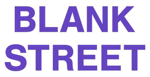 The text 'BLANK STREET' in large, bold purple letters on a white background.