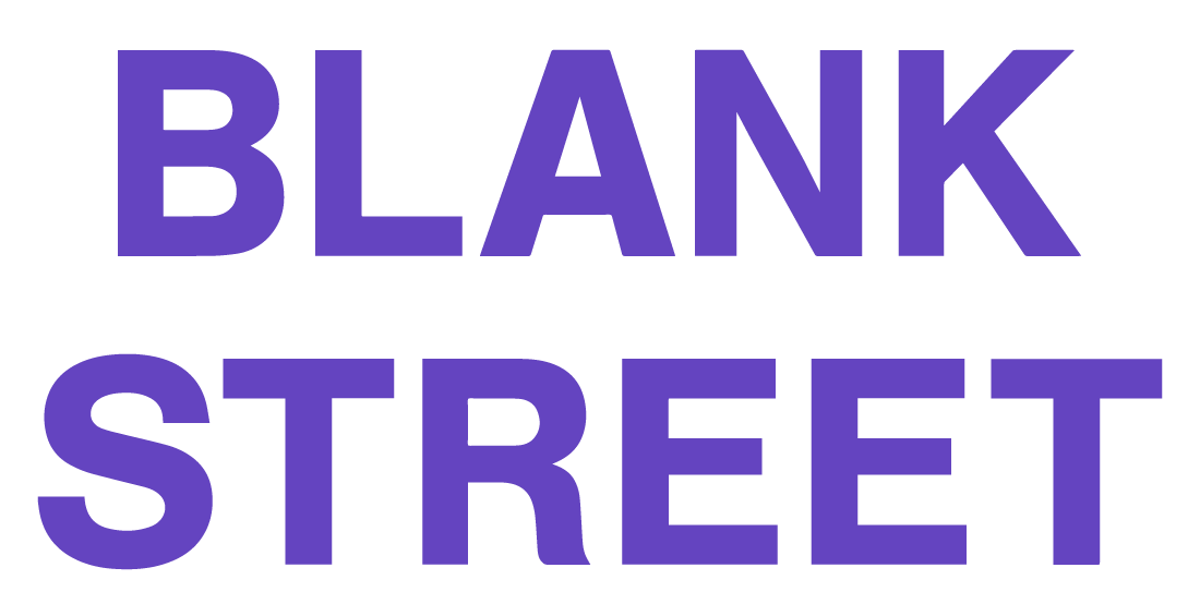 The text 'BLANK STREET' in large, bold purple letters on a white background.