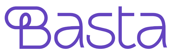 Basta wordmark logo in purple stylized font.