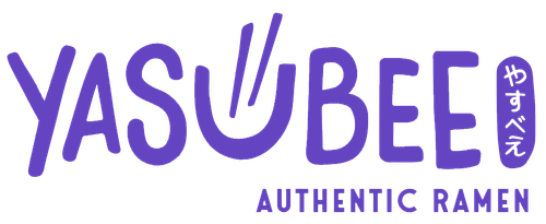 Purple logo for Yasubee Authentic Ramen, with chopsticks forming part of the letter U and Japanese characters in an oval shape.