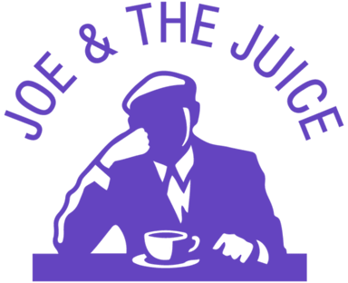 Purple silhouette of a man in a suit sitting at a table with a cup, with the text 'JOE & THE JUICE' curved above.