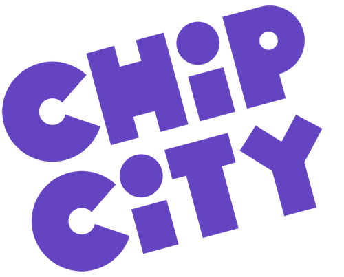 Bold purple text displaying the words 'CHIP CITY' in uppercase letters with an angled, playful layout.