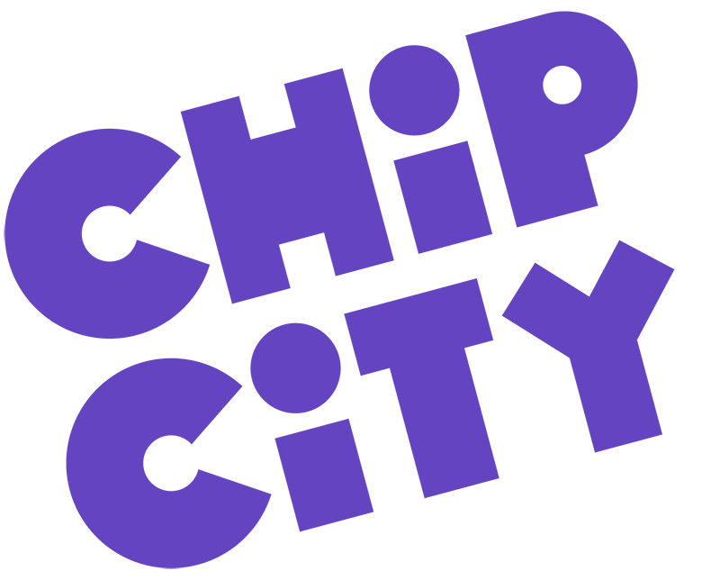 Bold purple text displaying the words 'CHIP CITY' in uppercase letters with an angled, playful layout.