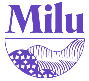 Purple text 'Milu' above a half-circle with abstract patterns including stripes and hexagons.