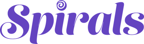 The word 'Spirals' written in purple stylized script with a spiral shape above the letter 'i'.