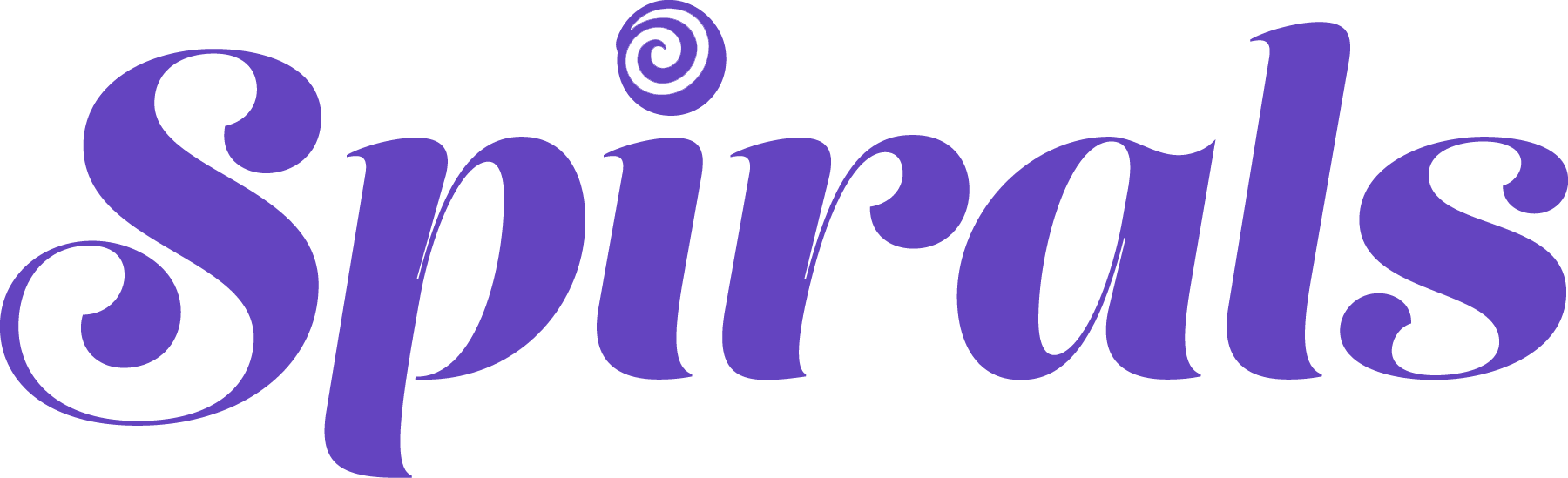 The word 'Spirals' written in purple stylized script with a spiral shape above the letter 'i'.