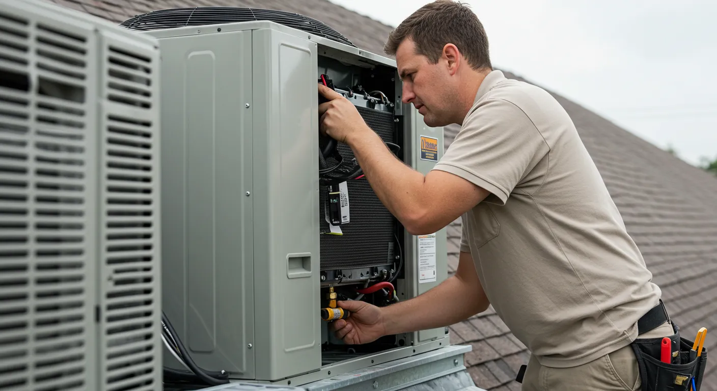 Technician in beige shirt servicing rooftop HVAC unit with tool belt pouch