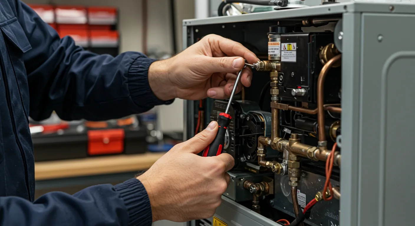 Close-up of technician adjusting HVAC unit components with screwdriver, pipes and wires visible