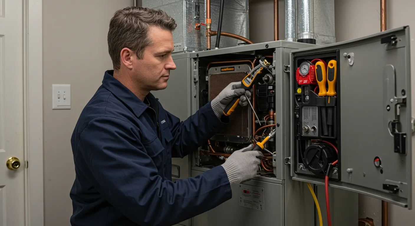 Technician in blue uniform using screwdriver and multimeter to service open HVAC unit with visible wiring and tools