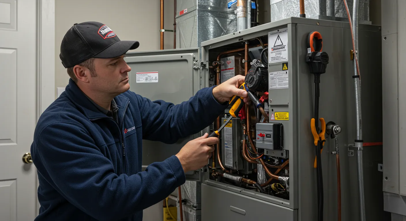 Technician in blue uniform using tools to service open HVAC unit with visible wiring and mechanical parts