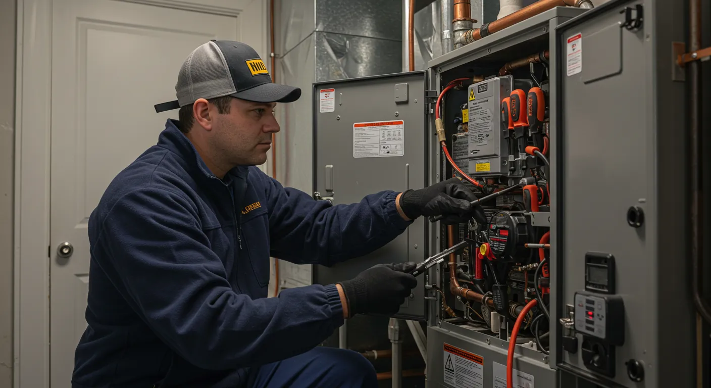 Technician in blue uniform adjusting components inside open HVAC unit with wiring, copper pipes