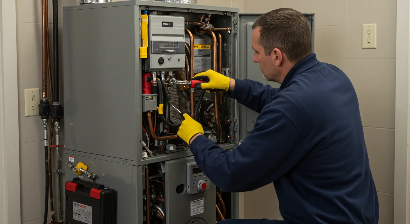 Technician in blue uniform adjusting components inside open HVAC or electrical panel with wires and switches visible