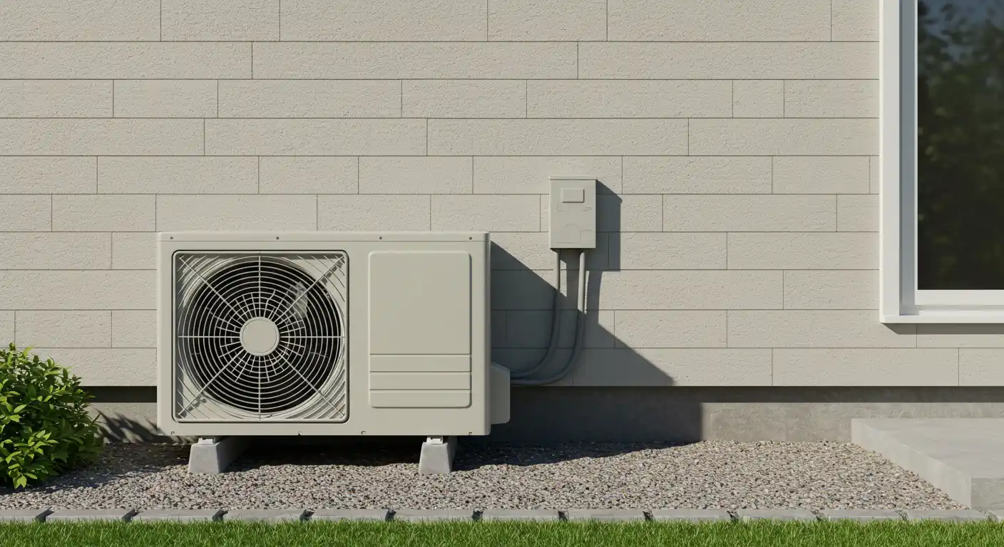 Outdoor air conditioning unit on gravel bed connected to electrical box on building wall