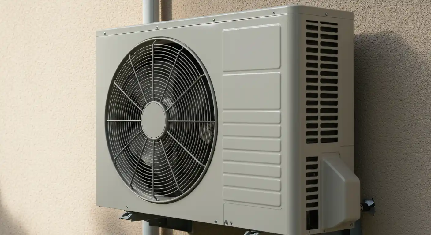 Wall-mounted outdoor air conditioning unit with large fan, protective grille, and side ventilation slats