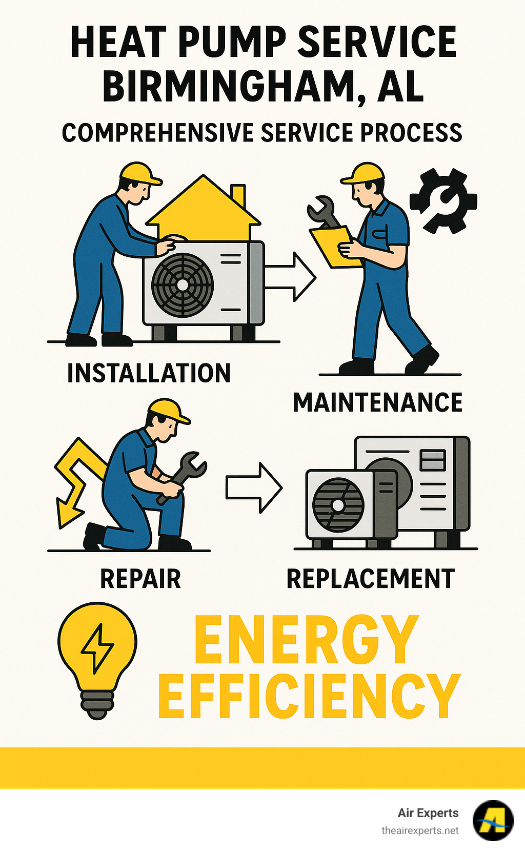 Comprehensive heat pump service process showing installation, maintenance, repair, and replacement options with energy efficiency benefits for Birmingham homeowners - heat pump service Birmingham AL infographic 