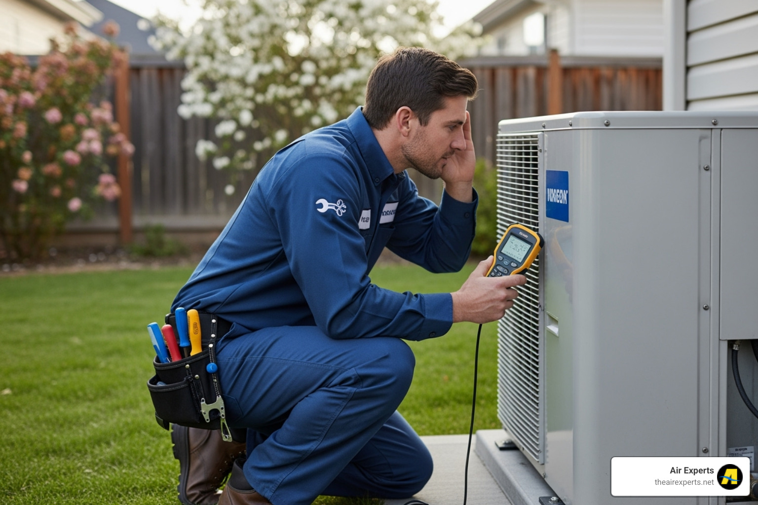 technician listening to heat pump unit - heat pump service Birmingham AL