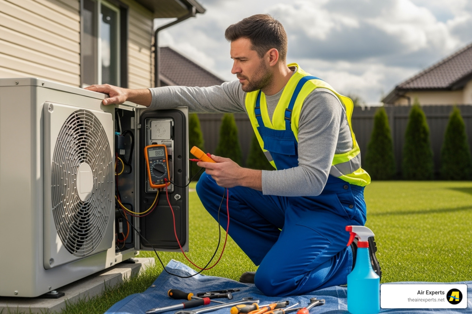 An HVAC technician inspecting an outdoor heat pump unit - Heat pump not cooling