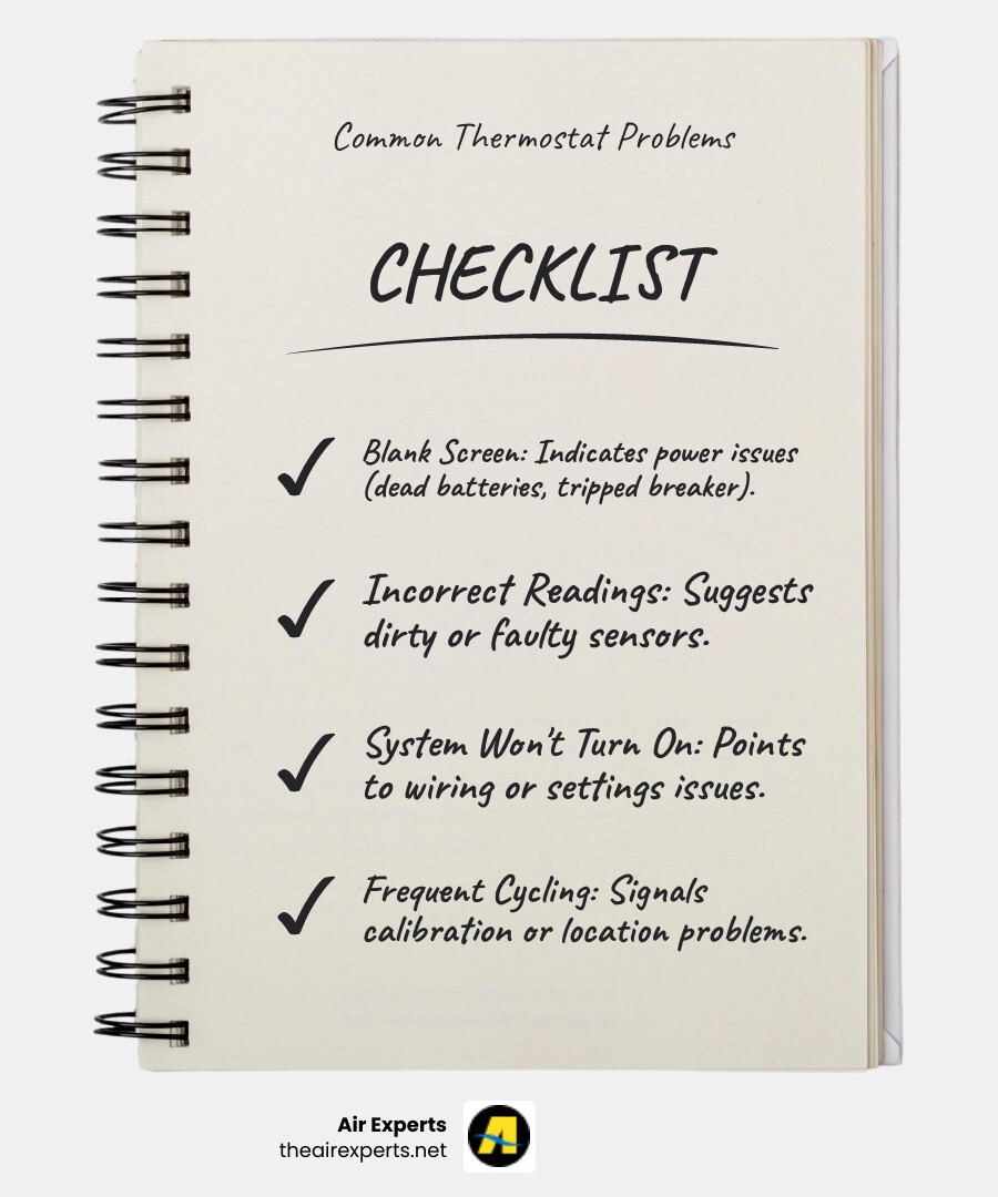 Infographic showing common thermostat problems and their symptoms: blank screen indicates power issues, incorrect temperature readings suggest sensor problems, system won't turn on points to wiring or settings issues, and frequent cycling indicates calibration or location problems - thermostat not working infographic checklist-notebook