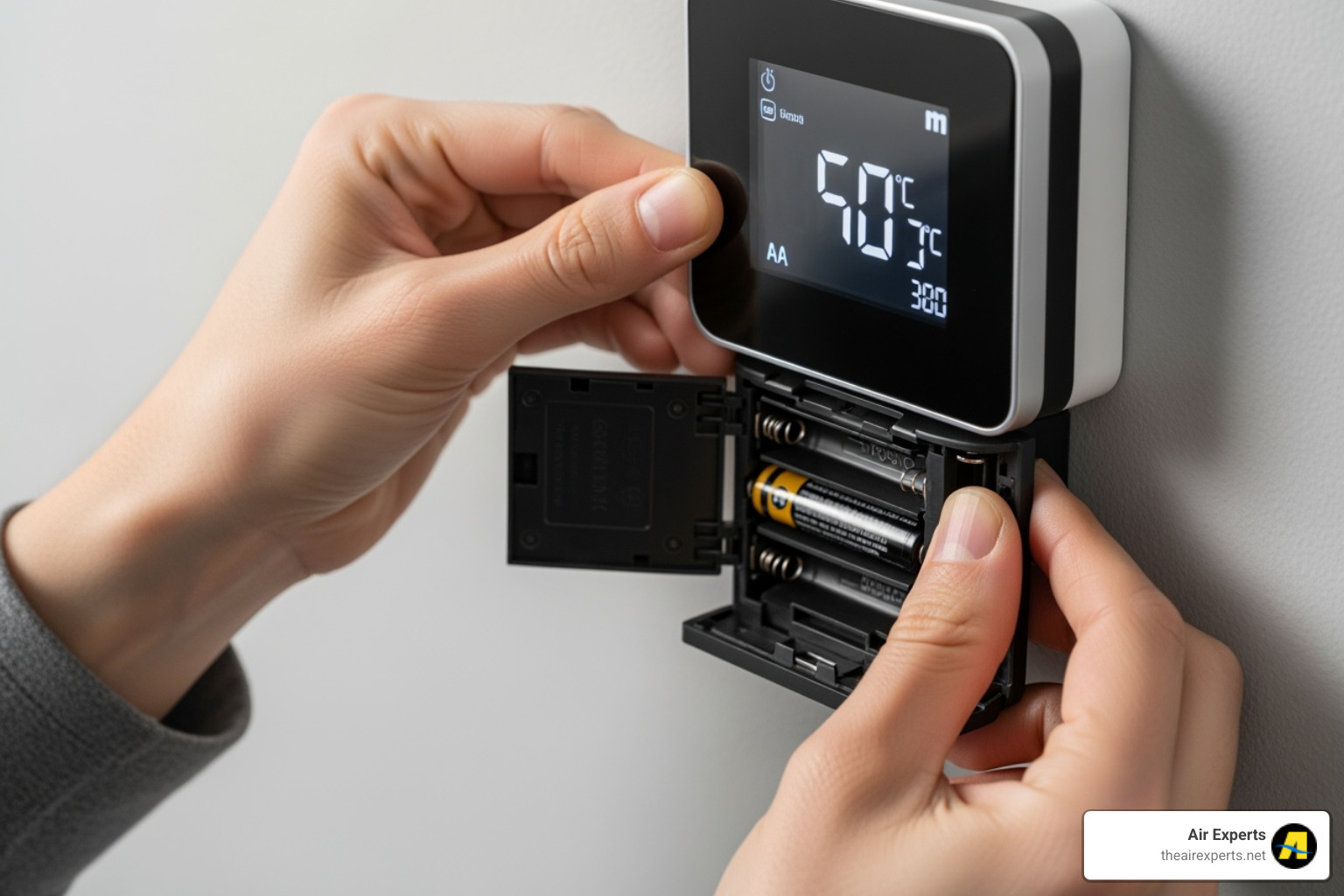 Person changing thermostat batteries - thermostat not working