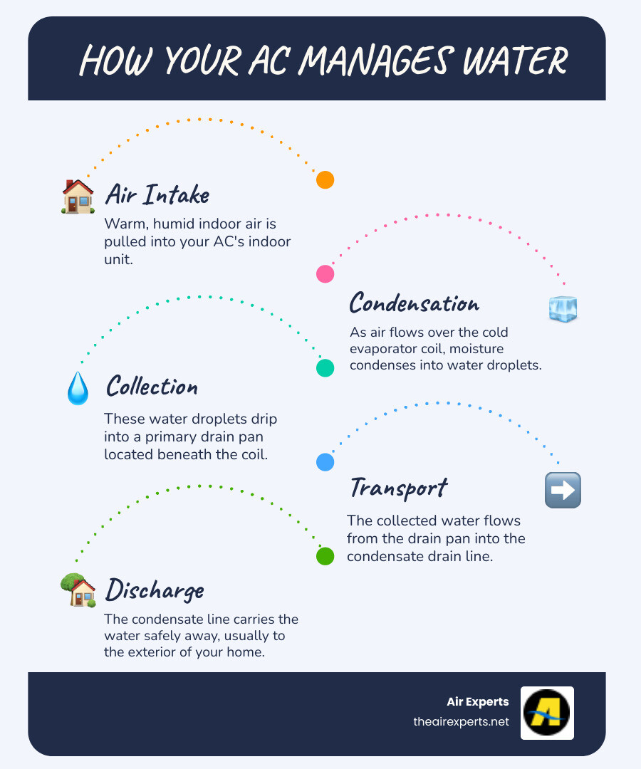 Detailed infographic showing AC water management system with evaporator coil condensing moisture, water collecting in drain pan, flowing through condensate drain line to exterior, and common failure points that cause indoor leaks - AC leaking water inside infographic infographic-line-5-steps-blues-accent_colors