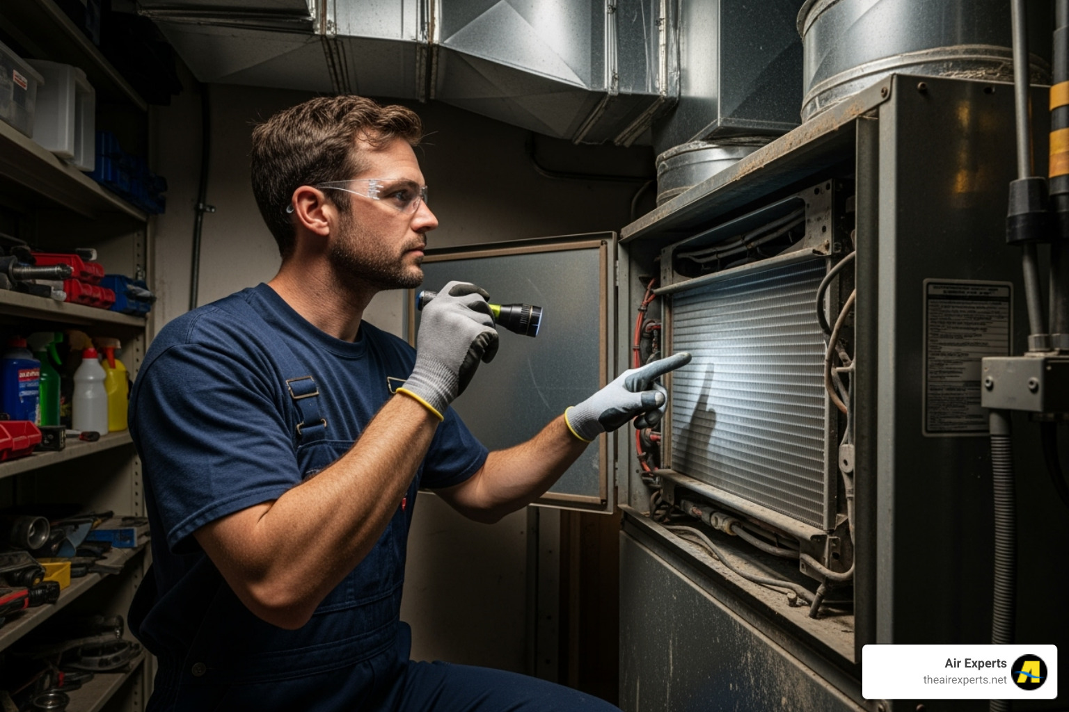Technician inspecting an indoor air handler - AC leaking water inside