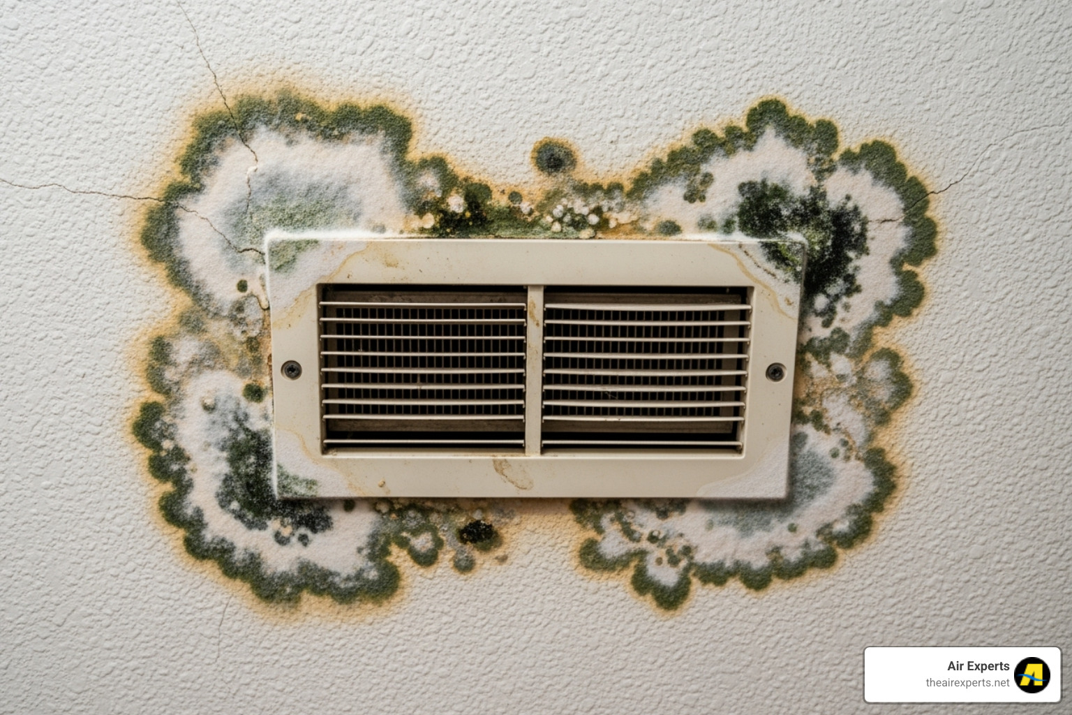 Mold growth on a ceiling near a vent - AC leaking water inside