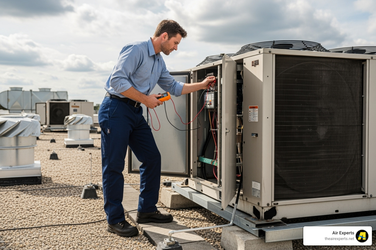 HVAC technician inspecting commercial rooftop unit - commercial ac installation birmingham al