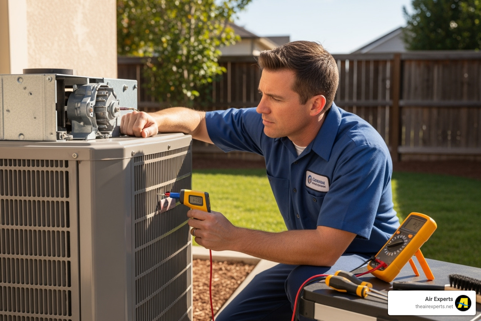 a certified technician inspecting an outdoor AC unit - air conditioner repair Birmingham