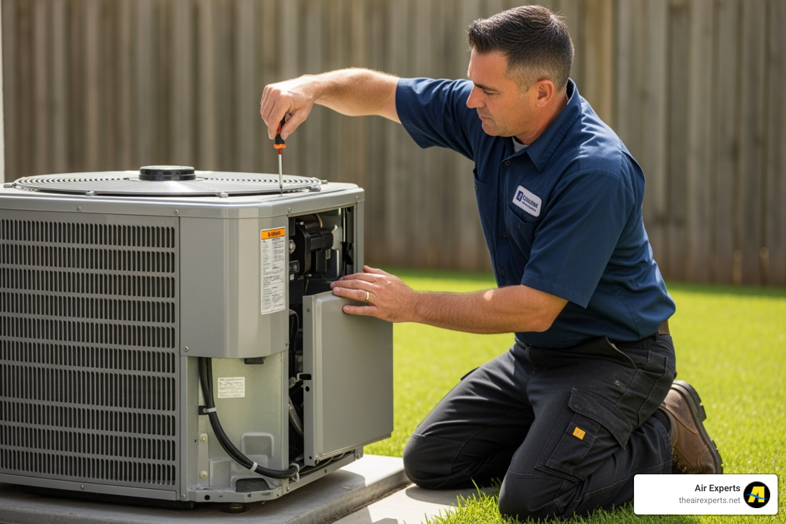 HVAC technician performing maintenance on an outdoor AC unit - AC drain line clogged